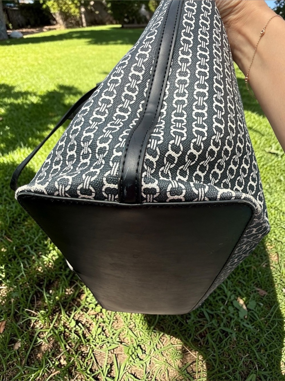 Tory Burch Black and White Logo Stripe Canvas Tote with Center Webbing - Picture 3 of 16